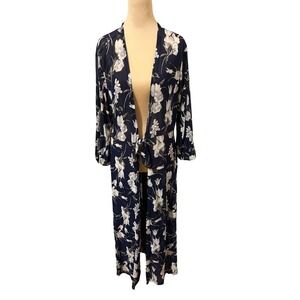 Ember Floral Kimono Duster Navy Blue White Long Sleeve Open Front Size L